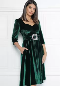 Rochie MBG verde din catifea cu funda si catarama in talie imagine