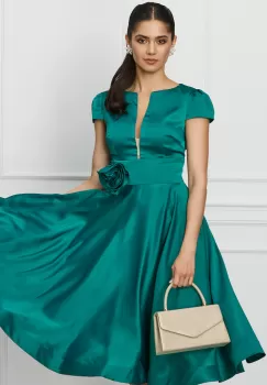 Rochie MBG verde din satin cu trandafir in talie imagine