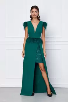 Rochie MBG verde lunga cu pene si paiete imagine
