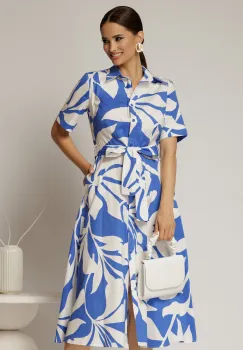 Rochie midi alba cu imprimeu albastru tip camasa din poplin cu cordon in talie imagine