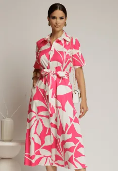 Rochie midi alba cu imprimeu fucsia tip camasa din poplin cu cordon in talie imagine