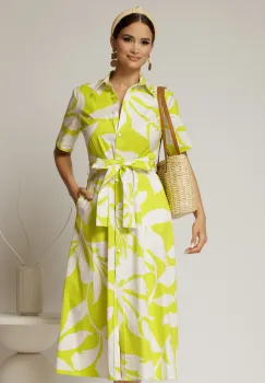 Rochie midi alba cu imprimeu verde neon tip camasa din poplin cu cordon in talie imagine