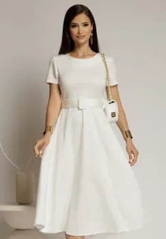 Rochie midi alba cu maneca scurta si curea in talie cu adaos de viscoza imagine