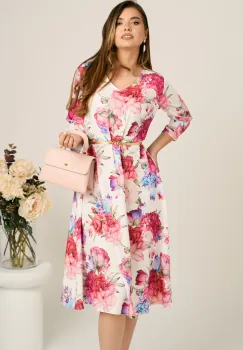Rochie midi alba in clos din stofa cu flori fucsia si curea in talie imagine