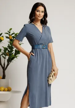 Rochie midi albastra cu elastic si curea in talie imagine