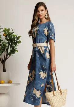 Rochie midi albastra din tencel cu imprimeu bej si curea in taliea imagine