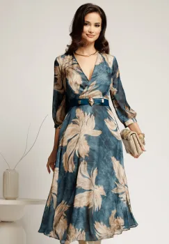 Rochie midi albastra din voal in clos cu imprimeu bej si curea in talie imagine