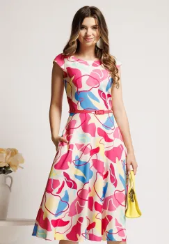 Rochie midi bej cu imprimeu fucsia si galben in clos cu buzunare si curea in talie imagine