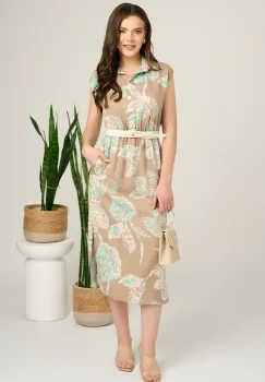 Rochie midi bej cu imprimeu verde mint din tencel cu elastic si curea in talie imagine