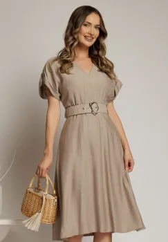 Rochie midi bej de zi din rayon cu decolteu V si curea in talie imagine