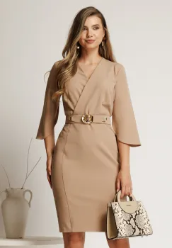 Rochie midi bej din stofa cu maneci tip lalea si curea in talie imagine