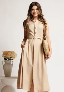 Rochie midi bej din tencel in clos cu nasturi si curea imagine