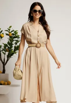 Rochie midi bej din tencel in clos cu nasturi si curea impletita imagine