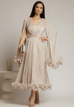Rochie midi bej din voal satinat in clos cu maneci ample si curea din strasuri in talie imagine
