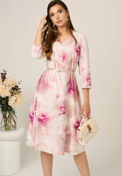 Rochie midi bej in clos din stofa cu flori fucsia si curea in talie imagine
