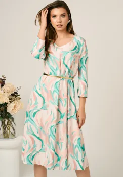 Rochie midi bej in clos din stofa cu imprimeuri verzi si curea in talie imagine