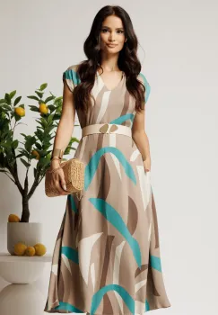 Rochie midi bej in clos din tencel cu imprimeu turcoaz si curea in talie imagine