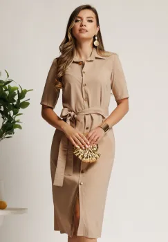 Rochie midi bej tip camasa cu nasturi si cordon in talie imagine