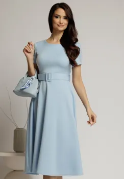 Rochie midi bleu cu maneca scurta si curea in talie cu adaos de viscoza imagine