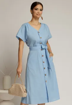 Rochie midi bleu de zi din in tip camasa cu manecile scurte imagine