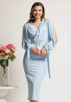 Rochie midi bleu din neopren cu franjuri din strasuri la umeri si curea in talie imagine