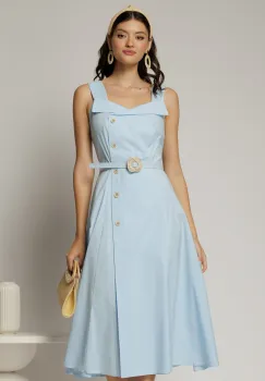 Rochie midi bleu din poplin cu nasturi si curea in talie imagine