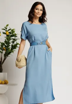 Rochie midi bleu din tencel croi drept si curea in talie imagine