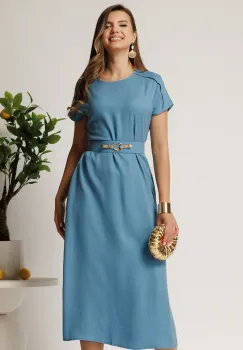 Rochie midi bleu din tencel cu croi evazat si curea in talie imagine