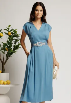 Rochie midi bleu din tencel in clos cu cu pliuri si curea in talie imagine