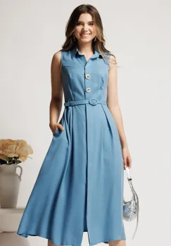 Rochie midi bleu din tencel in clos cu nasturi si curea imagine