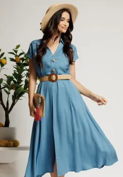 Rochie midi bleu din tencel in clos cu nasturi si curea impletita imagine
