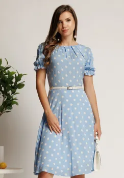 Rochie midi bleu din viscoza in clos cu buline si curea in talie imagine