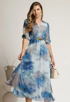Rochie midi bleu din voal cu imprimeuri si curea in talie imagine