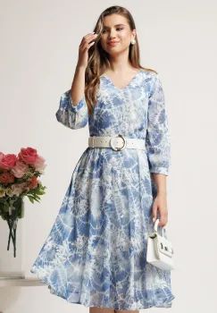 Rochie midi bleu din voal in clos cu imprimeuri si curea in talie imagine