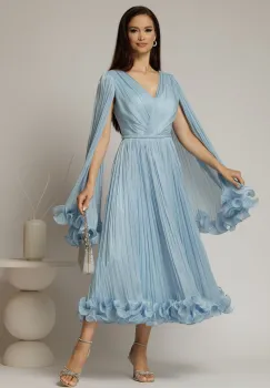 Rochie midi bleu din voal satinat in clos cu maneci ample si curea din strasuri in talie imagine