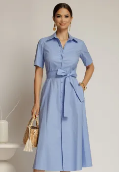 Rochie midi bleu tip camasa din poplin cu cordon in talie imagine