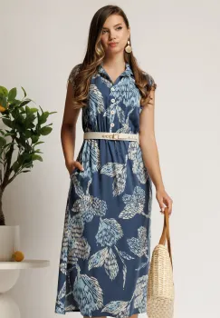 Rochie midi bleumarin cu imprimeu bleu din tencel cu elastic si curea in talie imagine