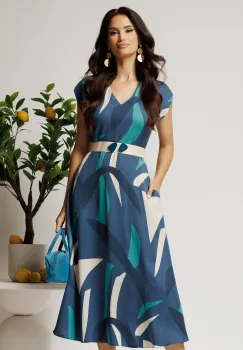 Rochie midi bleumarin in clos din tencel cu imprimeu albastru si curea in talie imagine