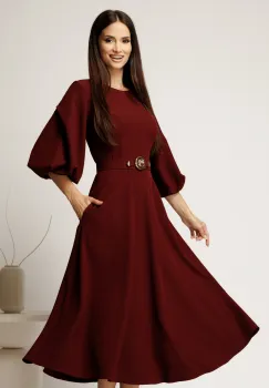 Rochie midi bordo din crep in clos cu maneci bufante si curea in talie imagine