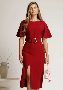 Rochie midi bordo din stofa cu croi conic si curea in talie imagine