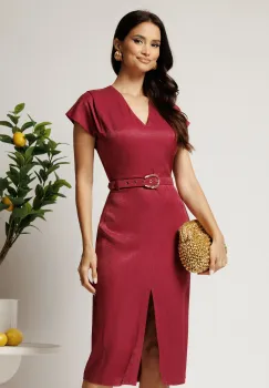 Rochie midi bordo din viscoza cu aspect sidefat si curea in talie imagine