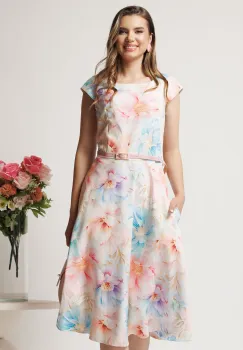 Rochie midi cu flori pastelate in clos cu buzunare si curea in talie imagine