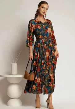 Rochie midi din viscoza albastru turcoaz cu imprimeuri florale si curea in talie imagine