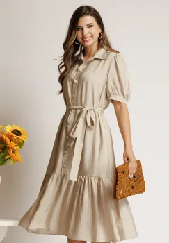 Rochie midi din viscoza bej cu dungi si cordon in talie tip camasa imagine