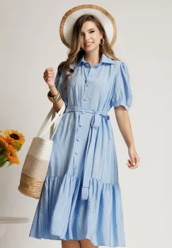 Rochie midi din viscoza bleu cu dungi si cordon in talie tip camasa imagine