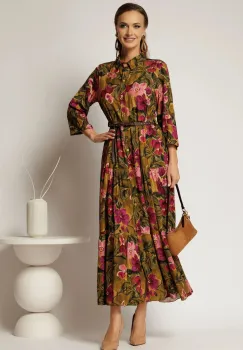 Rochie midi din viscoza kaki cu imprimeuri florale si curea in talie imagine