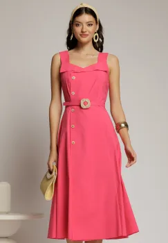 Rochie midi fucsia din poplin cu nasturi si curea in talie imagine
