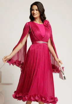 Rochie midi fucsia din voal satinat in clos cu floare la bust si curea din strasuri in talie imagine
