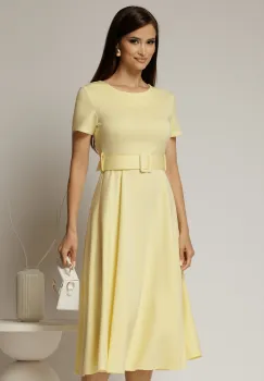 Rochie midi galbena cu maneca scurta si curea in talie cu adaos de viscoza imagine