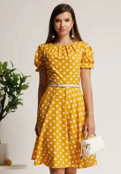 Rochie midi galbena din viscoza in clos cu buline si curea in talie imagine